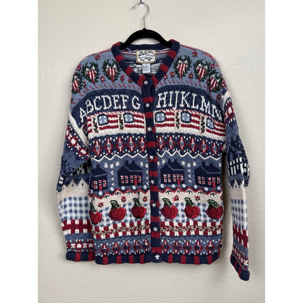 VTG Heirloom Collectibles Fall Cardigan Sweater School Apples America Sz L